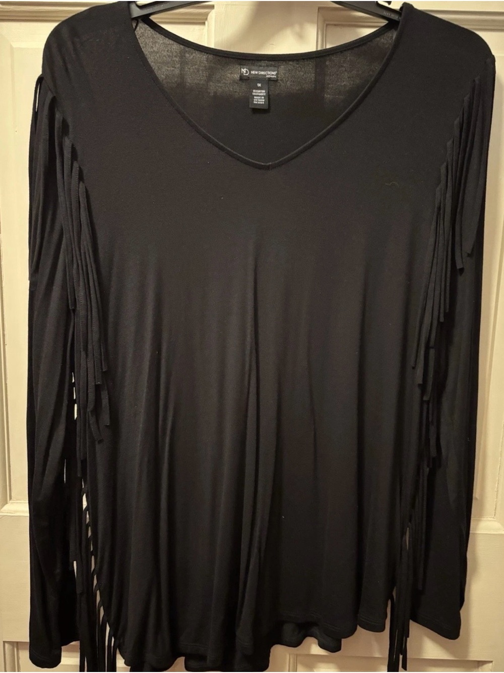 new directions Black V-Neck Long-Sleeve Fringe Top with Side Tassels